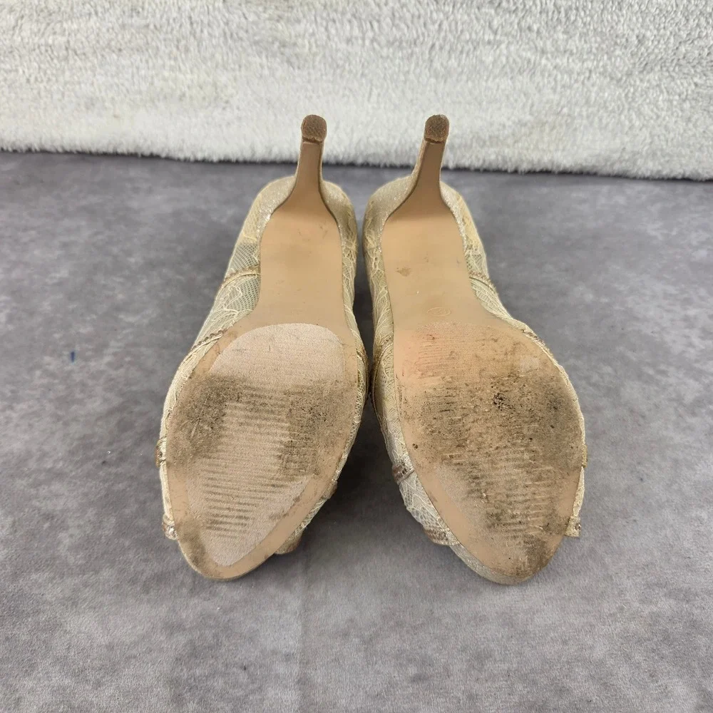 Lauren Lorraine Viv Champagne Lace Rhinestone Peep Toe Platform Pump Heels 8.5